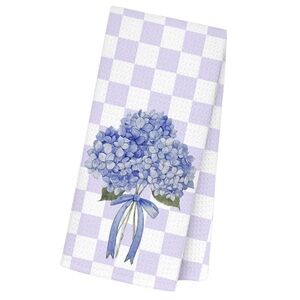 Gingham Check and Hydrangea Kitchen Hand Towel Lavender 16” x 24”